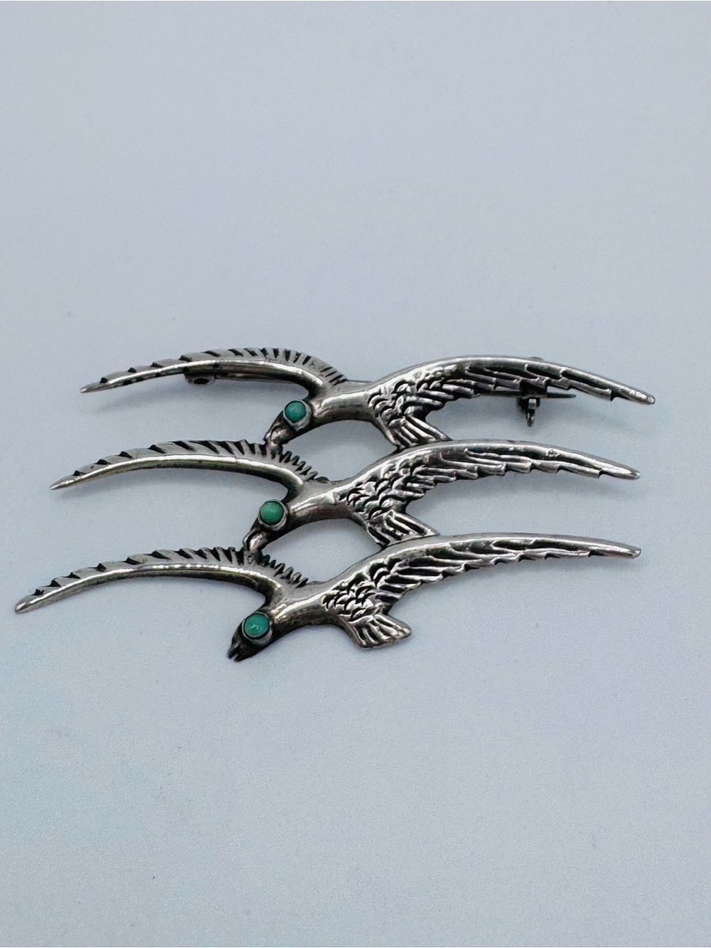 Vintage Sterling Silver Turquoise Seagull Brooch Flying Birds Pin 925